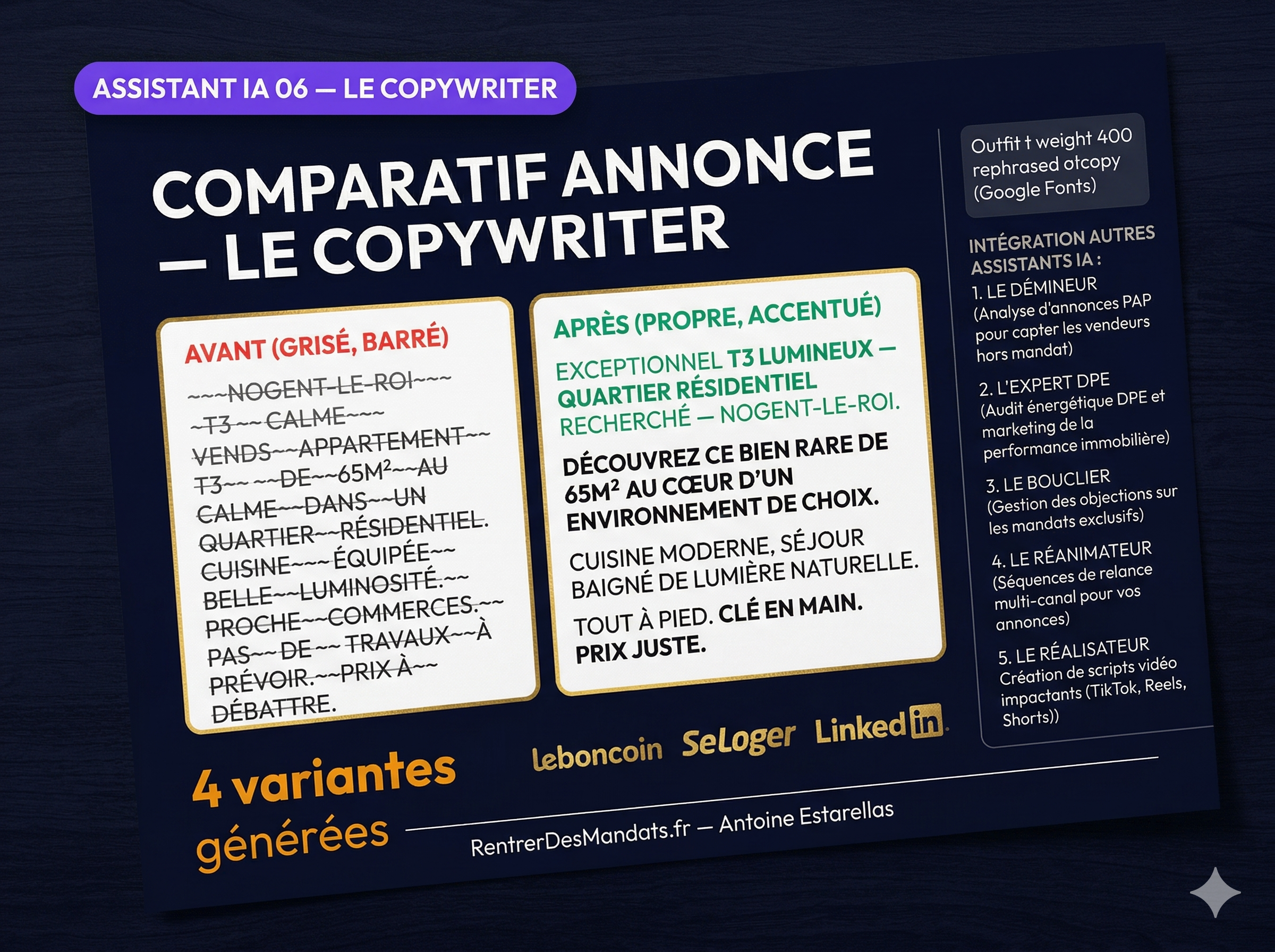 Assistant IA Copywriter — réécriture annonces LeBonCoin SeLoger LinkedIn