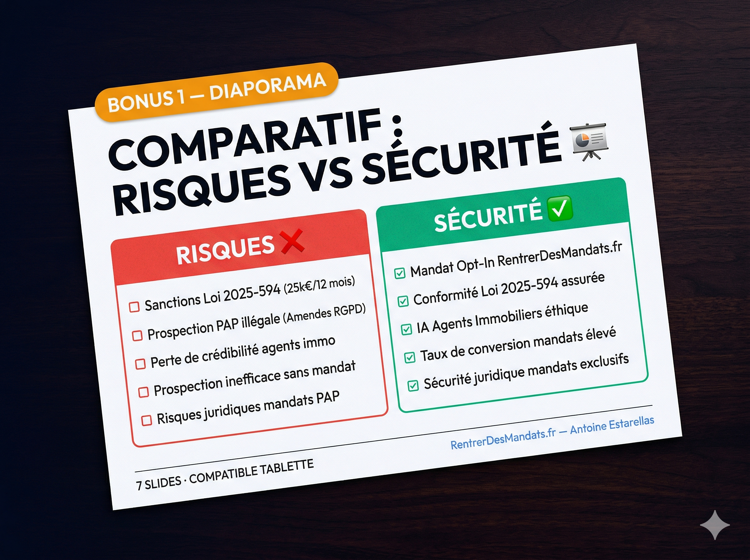 Diaporama Risques vs Sécurité Opt-In — 7 slides PowerPoint RDV vendeur immobilier