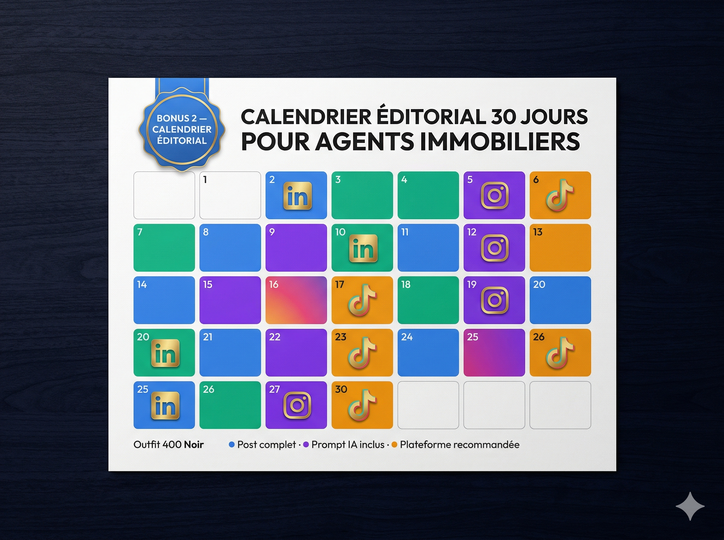 Calendrier éditorial 30 jours posts LinkedIn Instagram TikTok agent immobilier